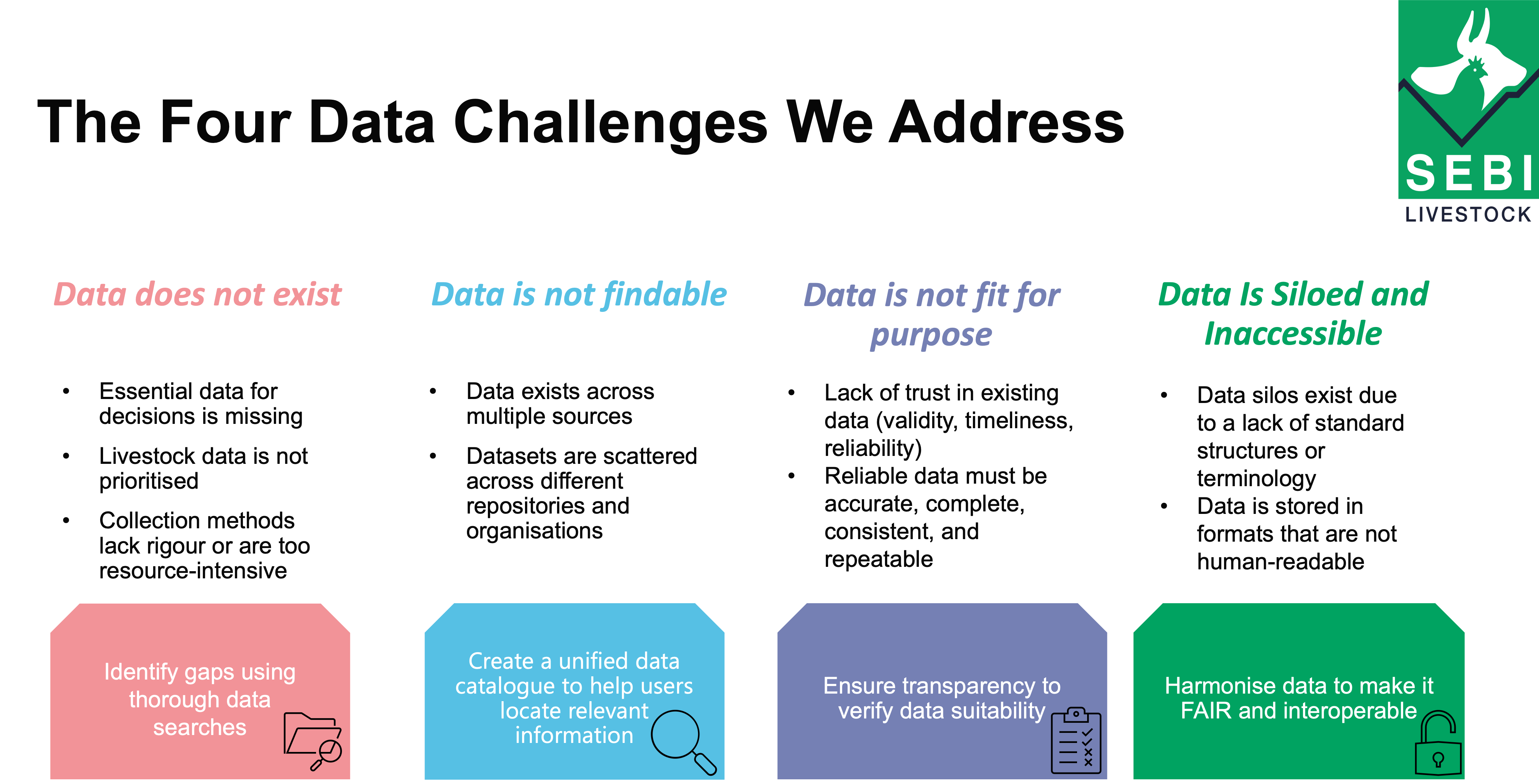 An infographic titled "The Four Data Challenges We Address" from SEBI Livestock, outlining four key issues in data management and their proposed solutions: Data does not exist (pink): Essential decision-making data is missing; livestock data isn’t prioritised; collection methods lack rigour or are too resource-intensive. → Solution: Identify gaps using thorough data searches. Data is not findable (blue): Data exists across multiple sources; datasets are scattered across repositories and organisations. → Solution: Create a unified data catalogue to help users locate relevant information. Data is not fit for purpose (purple): Lack of trust in existing data (validity, timeliness, reliability); reliable data must be accurate, complete, consistent, and repeatable. → Solution: Ensure transparency to verify data suitability. Data is Siloed and Inaccessible (green): Data silos exist due to lack of standard structures or terminology; data stored in non-human-readable formats. → Solution: Harmonise data to make it FAIR and interoperable. Each challenge includes an icon representing its solution folder with magnifying glass, magnifying glass over document, checklist, and unlocked padlock respectively. The SEBI Livestock logo appears in the top right corner.