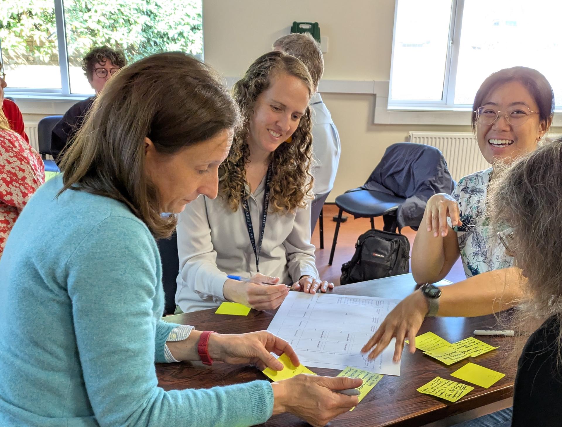 A group of adults sit around a table. Some people look down at sheets of paper on the table, one person looks at the camera smiling.