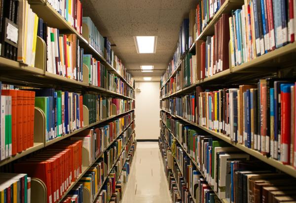 A view between two long rows of books in a library with a door at the end of the row. There is an overhead fluorescent light on the ceiling. 
