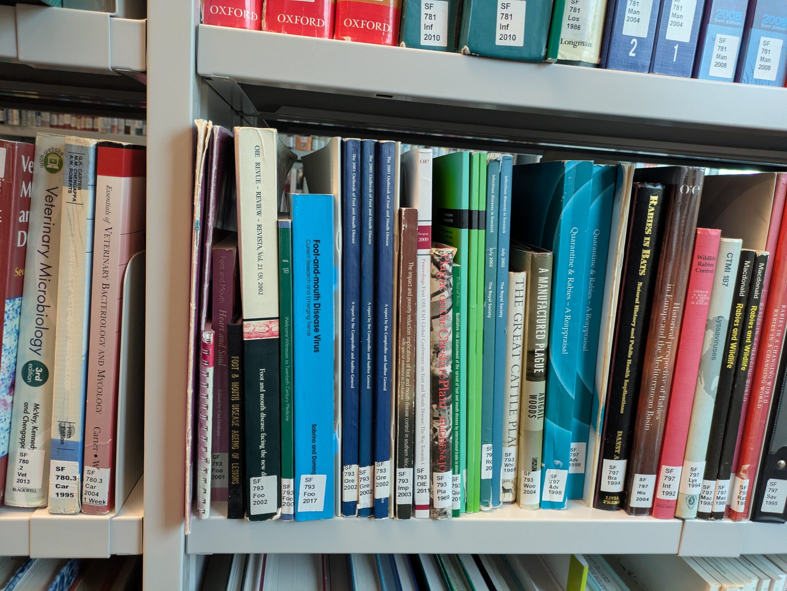 Shelves with books about veterinary science
