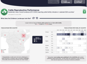 A screenshot of an interactive data dashboard which displays a map of Africa on the left side. There are different dots on the map to indicate the number of publications per country. On the right side is a table with publications per year, by country.